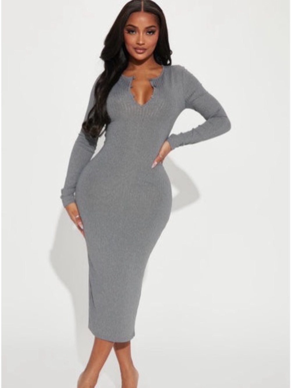 Heart & Hips Gray Ribbed Long Sleeve Midi Dress